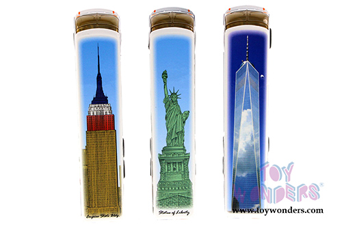 Showcasts Collectibles - I Love New York Coach Bus w/ Statue of Liberty, Empire State Building & Freedom Tower (6" diecast model car, Asstd.) 9803D-ILNY