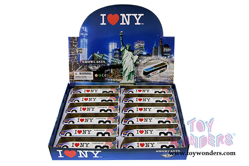 Showcasts Collectibles - I Love New York Coach Bus w/ Statue of Liberty, Empire State Building & Freedom Tower (6" diecast model car, Asstd.) 9803D-ILNY