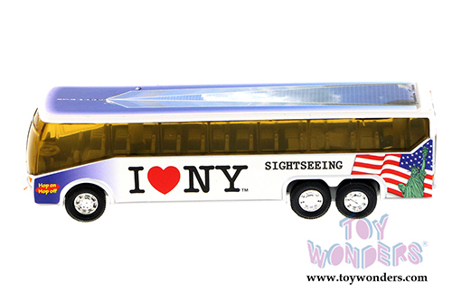 Showcasts Collectibles - I Love New York Coach Bus w/ Statue of Liberty, Empire State Building & Freedom Tower (6" diecast model car, Asstd.) 9803D-ILNY