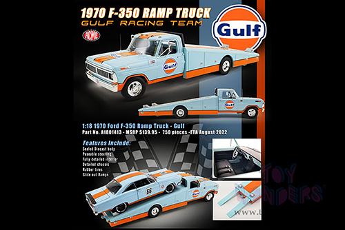 Acme - Ford F-350 Ramp Truck - Gulf Racing Team (1970, 1/18 scale diecast model car, Blue w/Orange) A1801413