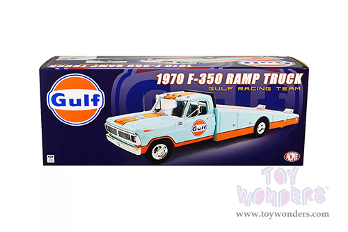 Acme - Ford F-350 Ramp Truck - Gulf Racing Team (1970, 1/18 scale diecast model car, Blue w/Orange) A1801413