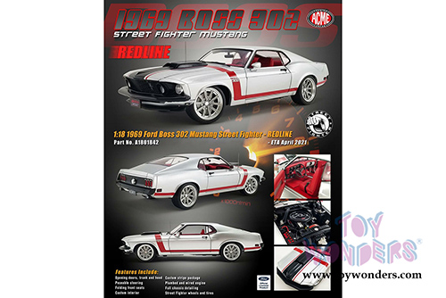Acme - Ford Boss 302 Mustang Street Fighter Hardtop - Redline (1969, 1/18 scale diecast model car, Silver/Red) A1801842