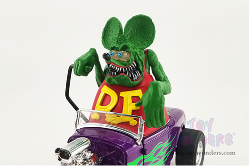 Acme - Ford Hot Rod Roadster with Rat Fink Figure (1932, 1/18 scale diecast model car, Purple with Green flames) A1805020