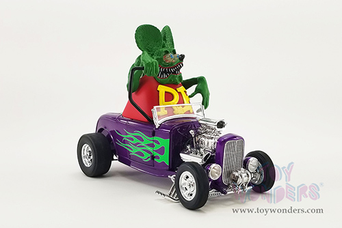 Acme - Ford Hot Rod Roadster with Rat Fink Figure (1932, 1/18 scale diecast model car, Purple with Green flames) A1805020