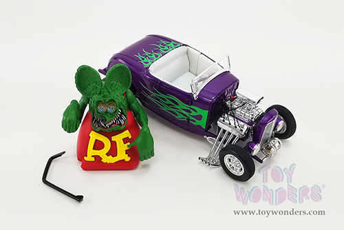 Acme - Ford Hot Rod Roadster with Rat Fink Figure (1932, 1/18 scale diecast model car, Purple with Green flames) A1805020