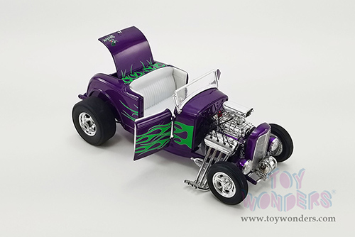 Acme - Ford Hot Rod Roadster with Rat Fink Figure (1932, 1/18 scale diecast model car, Purple with Green flames) A1805020