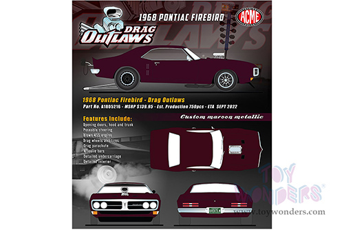 Acme Drag Outlaws - Pontiac Firebird Hardtop (1968, 1/18 scale diecast model car, Custom Maroon Metallic) A1805216