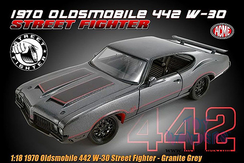 Acme - Oldsmobile&reg; 442 W30 Street Fighter Hardtop (1970, 1/18 scale diecast model car, Granite Gray) A1805617