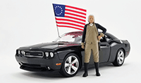 Show product details for Acme - Dodge Challenger SRT8 with George Washington Figurine and US Flag (2010, 1/18 scale diecast model car, Matte Black) A1806016