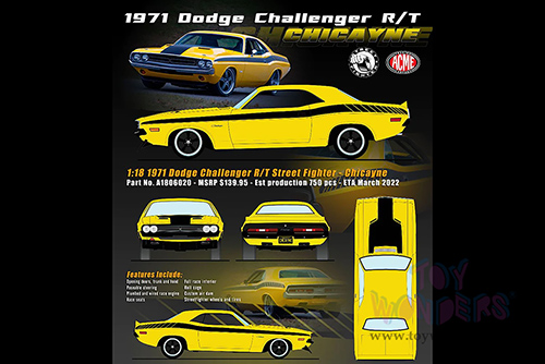 Acme | Dodge Challenger R/T Street Fighter Chicayne Hardtop (1971, 1/18 scale diecast model car, Yellow/Black) A1806020