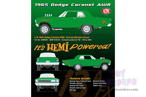 Acme | Dodge Coronet&reg; AWB - "It's HEMI Powered!" (1965, 1/18 scale diecast model car, Custom Green Metallic) A1806507
