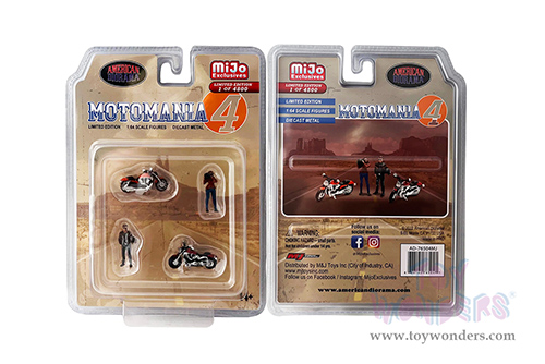 American Diorama/Mijo Exclusives - Motomania 4 Figure & Bike Set (4 pc. set, 1/64 scale diecast metal, Asstd.)  AD-76504MJ
