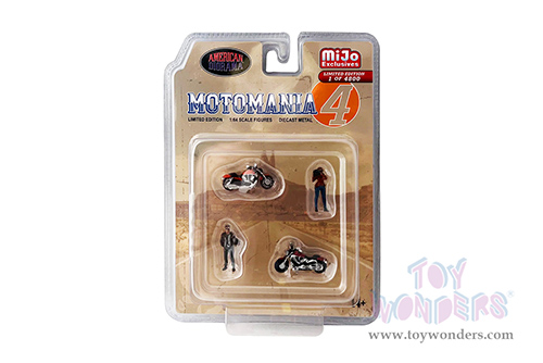 American Diorama/Mijo Exclusives - Motomania 4 Figure & Bike Set (4 pc. set, 1/64 scale diecast metal, Asstd.)  AD-76504MJ