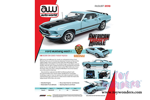 Auto World - American Muscle - Ford Mustang Mach 1 Hardtop Class of '69 50th Anniversary (1969, 1/18 scale diecast model car, Aztec Aqua) AMM1181