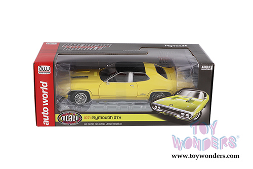 Auto World - American Muscle - Plymouth GTX Hardtop Muscle Car & Corvette Nationals (MCACN) (1971, 1/18 scale diecast model car, Lemon Twist) AMM1186