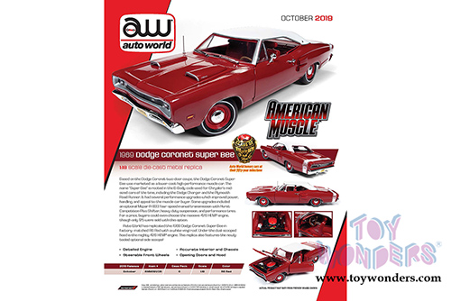 Auto World - American Muscle | Dodge Coronet Super Bee Hardtop Class of  '69 50th Anniversary (1969, 1/18 scale diecast model car, R6 Red/White) AMM1191