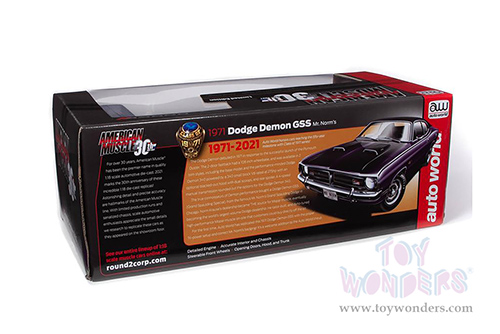 Auto World - American Muscle 30th Anniversary | Dodge Demon GSS Mr. Norm's Class of 1971 (1971, 1/18 scale diecast model car, Plum Crazy) AMM1255