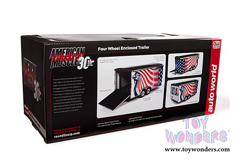 Auto World - American Muscle 30th Anniversary | Four Wheel Enclosed Trailer (1/18 scale diecast model car, Red/White/Blue) AMM1266