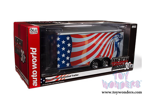 Auto World - American Muscle 30th Anniversary | Four Wheel Enclosed Trailer (1/18 scale diecast model car, Red/White/Blue) AMM1266