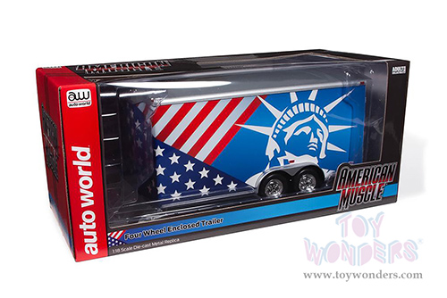 Auto World American Muscle - Four Wheel Enclosed Trailer Patriotic (1/18 scale diecast model car, American Flag Graphics) AMM1284 MAP: $59.99
