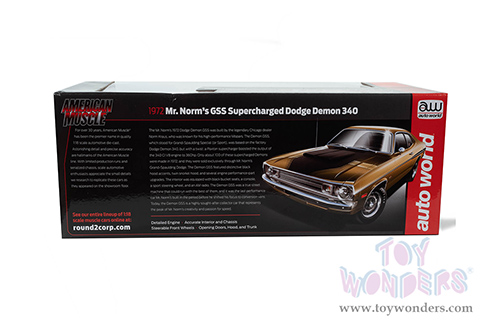 Auto World - American Muscle | Dodge Demon GSS Supercharged (Mr Norms) (1972, 1/18 scale diecast model car, GY8 Gold/Black) AMM1294 MAP: $99.99