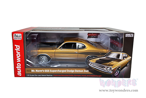 Auto World - American Muscle | Dodge Demon GSS Supercharged (Mr Norms) (1972, 1/18 scale diecast model car, GY8 Gold/Black) AMM1294 MAP: $99.99