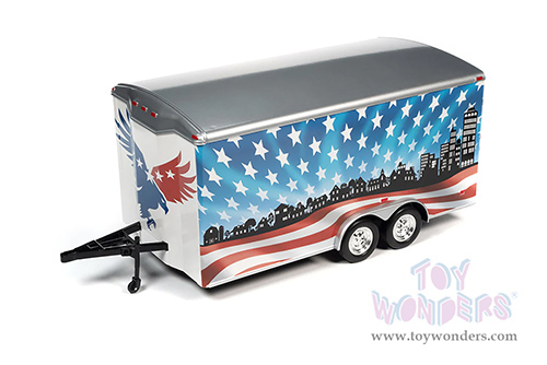 Auto World American Muscle - Four Wheel Enclosed Trailer Patriotic "Brave & Bold" (1/18 scale diecast model car, American Flag Graphics) AMM1300