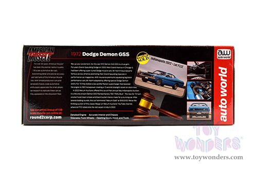 Auto World American Muscle - Dodge Demon GSS "Mecum Auctions" (1972, 1/18 scale diecast model car, Petty Blue/Black stripes) AMM1345 MAP: $104.99