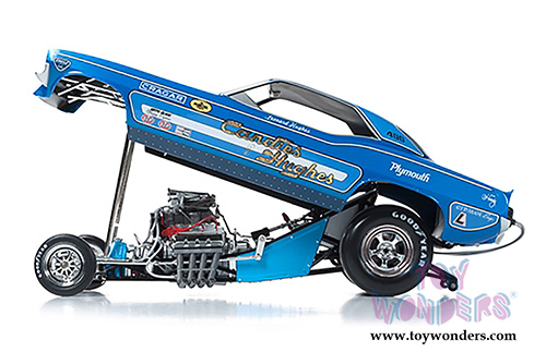 Auto World Legends - Candies & Hughes Plymouth Cuda NHRA Funny Car (1970, 1/18 scale diecast model car, Blue w/ White Stripes) AW1172