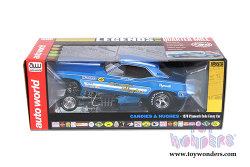 Auto World Legends - Candies & Hughes Plymouth Cuda NHRA Funny Car (1970, 1/18 scale diecast model car, Blue w/ White Stripes) AW1172