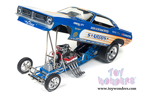 Auto World Legends - Don Schumacher's 1972 Plymouth Cuda Stardust (Bobby Rowe) Funny Car (1972, 1/18 scale diecast model car, Blue w/ Yellow Stripes) AW1179