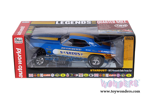 Auto World Legends - Don Schumacher's 1972 Plymouth Cuda Stardust (Bobby Rowe) Funny Car (1972, 1/18 scale diecast model car, Blue w/ Yellow Stripes) AW1179