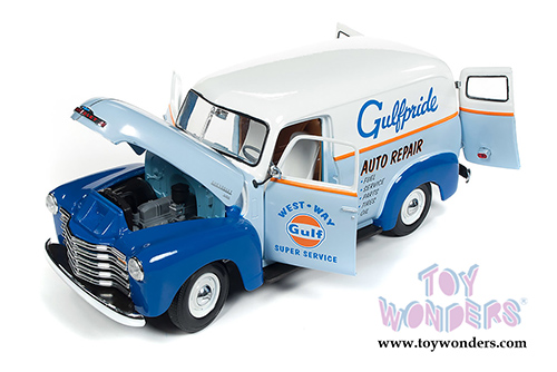 Auto World - Gulf® Oil Chevrolet® Panel Delivery Truck (1948, 1/18 scale diecast model car, Light Blue/Orange) AW250