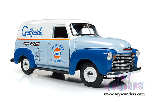 Auto World - Gulf® Oil Chevrolet® Panel Delivery Truck (1948, 1/18 scale diecast model car, Light Blue/Orange) AW250
