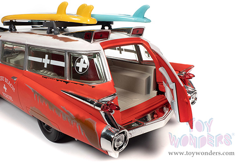 Auto World - Cadillac® Eldorado Ambulance "Malibu Beach Rescue" (Weathered) "Surf Shark" (1959, 1/18 scale diecast model car, Red/White) AW312
