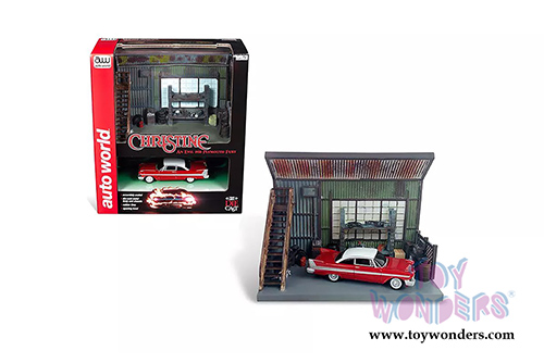 Auto World Silver Screen Machines - Diorama Christine's Plymouth Fury car with "Darnell's Garage" Scenic Display (1958, 1/64 scale diecast model car, Red) AWSD001/12