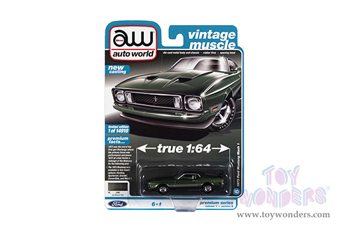 Auto World Premium - 2022 Release 1 Set B | Ford Mustang Mach 1 "Vintage Muscle" (1973, 1/64 scale diecast model car, Ivy Bronze Green Metallic/Silver Stripes) AWSP099/24B