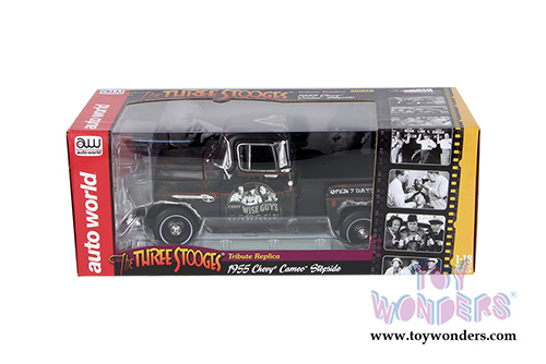 Auto World Silver Screen Machines - The 3 Stooges Chevy Cameo Stepside Pickup Truck (1955, 1/18 scale diecast model car, Faded Black) AWSS115