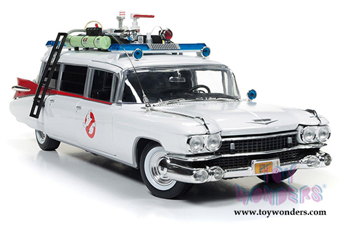 Auto World Silver Screen Machines - Ghostbuster Cadillac Ambulance Ecto-1 (1959, 1/18 scale diecast model car, White) AWSS118