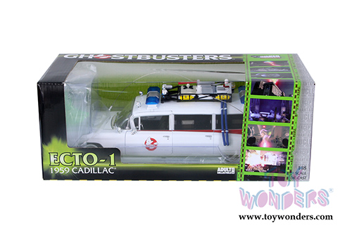 Auto World Silver Screen Machines - Ghostbuster Cadillac Ambulance Ecto-1 (1959, 1/18 scale diecast model car, White) AWSS118