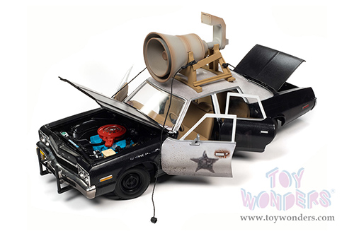 Auto World - Dodge Monaco "Bluesmobile" with Loud Speaker (Dirty) with Jake and Elwood Blues Figures "The Blues Brothers" (1980) Movie (1974, 1/18 scale diecast model car, Black/White) AWSS133