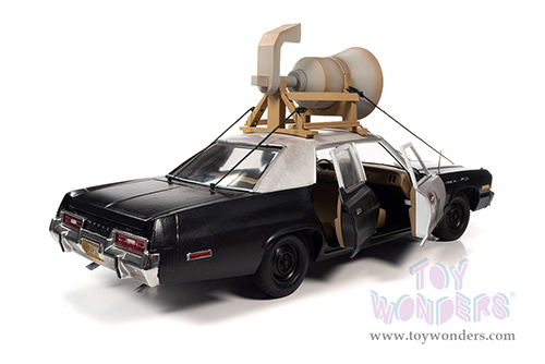 Auto World - Dodge Monaco "Bluesmobile" with Loud Speaker (Dirty) with Jake and Elwood Blues Figures "The Blues Brothers" (1980) Movie (1974, 1/18 scale diecast model car, Black/White) AWSS133