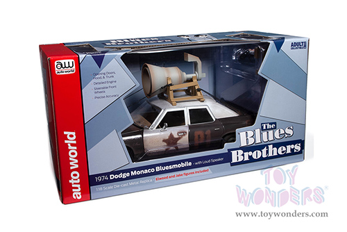 Auto World - Dodge Monaco "Bluesmobile" with Loud Speaker (Dirty) with Jake and Elwood Blues Figures "The Blues Brothers" (1980) Movie (1974, 1/18 scale diecast model car, Black/White) AWSS133