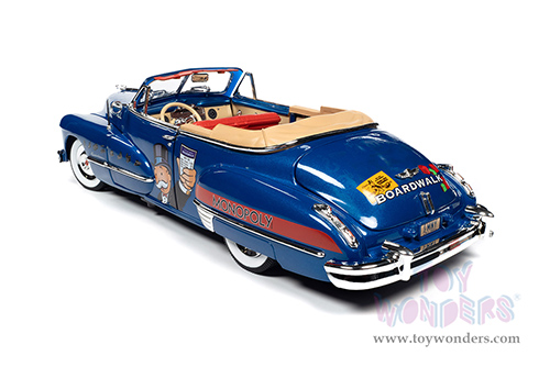 Auto World - Cadillac&reg; Series 62 Convertible with Mr. Monopoly Resin Figure (1947, 1/18 scale diecast model car, Blue/Red) AWSS136