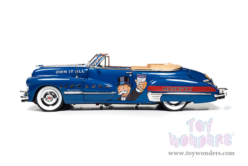 Auto World - Cadillac&reg; Series 62 Convertible with Mr. Monopoly Resin Figure (1947, 1/18 scale diecast model car, Blue/Red) AWSS136