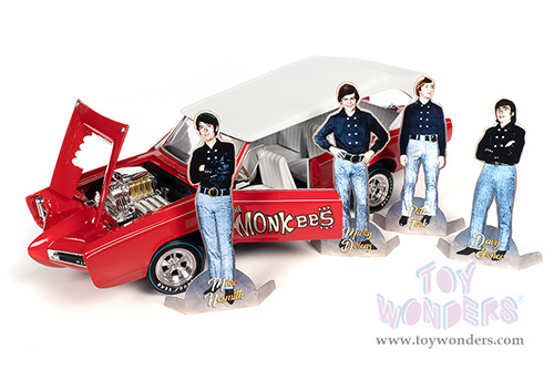 Auto World Silver Screen Machines - Monkeemobile with Four Monkees Figure Cutouts (1966, 1/18 scale diecast model car, Red/White roof) AWSS144