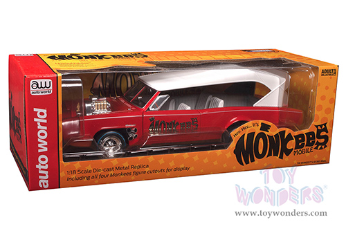 Auto World Silver Screen Machines - Monkeemobile with Four Monkees Figure Cutouts (1966, 1/18 scale diecast model car, Red/White roof) AWSS144
