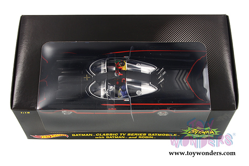 Mattel Hot Wheels Batman - Classic TV Series Batmobile with Batman and Robin Figures (1966, 1/18 scale diecast model car, Black) DJJ39