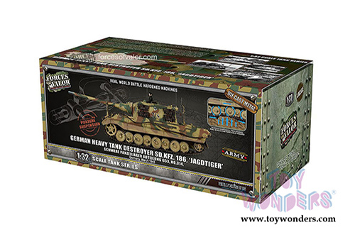 Forces of Valor - German Heavy Tank Destroyer Sd.Kfz.186 Jagdtiger (With Ferdinand Design Bogie & Road Wheel) (1/32 scale diecast model car, Camouflage Forest) FOV-801065A