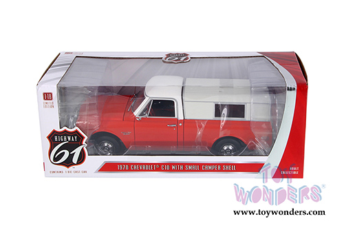 Greenlight Highway 61 - Chevrolet C10 with Small Camper Shell (1970, 1/18 scale diecast model car, White/Red) HWY18004